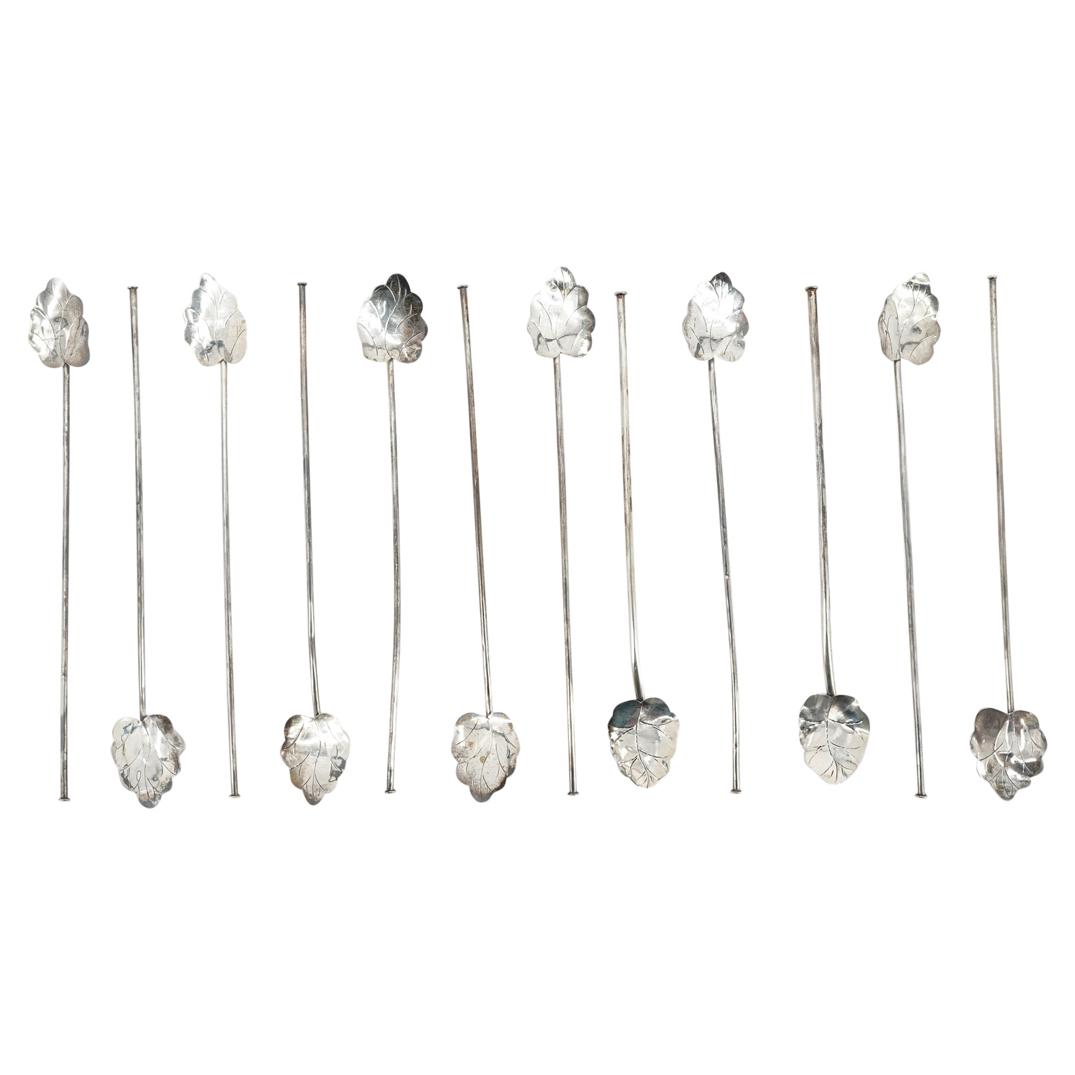 (12 Pc) Mexican Sterling Silver Cocktail Tea Spoons W/ Leaf Motif (1 of 4)