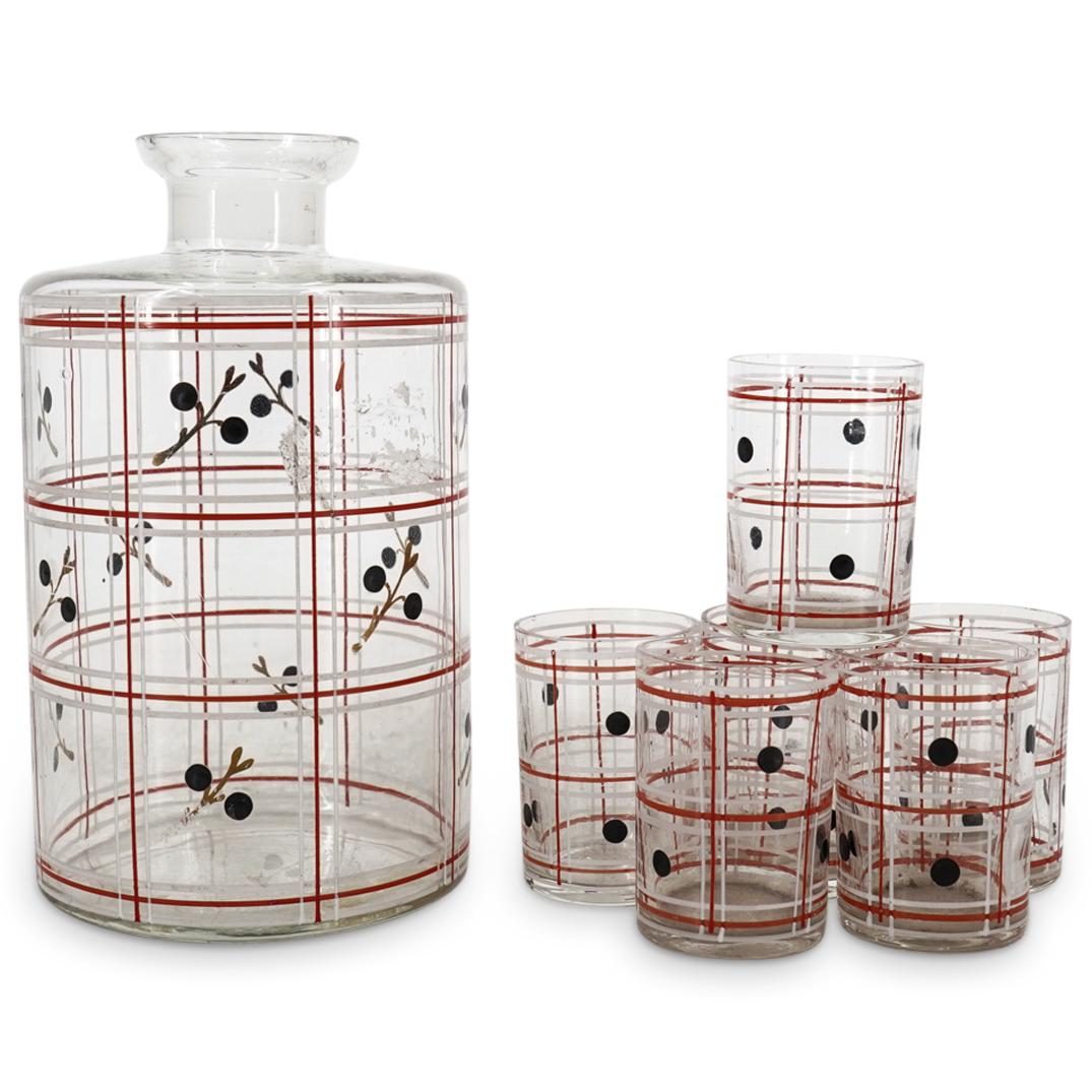 (7 Pc) French Art Deco Decanter With Shot Glasses: DESCRIPTION: Art Deco decanter featuring a plaid design over a clear body embellished with berry sprig motifs throughout. Comes with six matching shot glasses, each with six berries embellishing its p