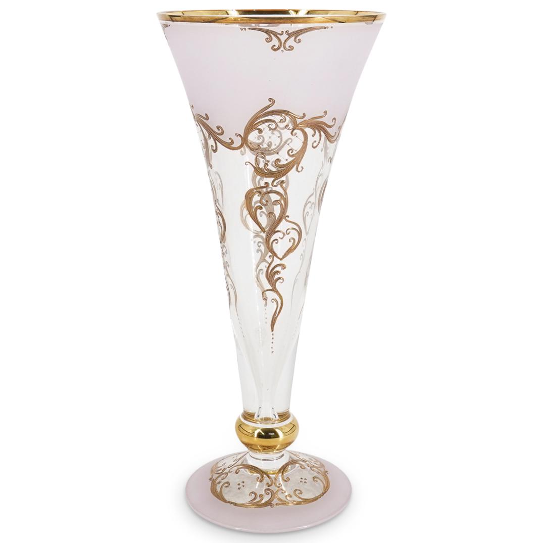 Bohemian Floral Gilt Glass Vase: DESCRIPTION: Bohemian gilt vase with pink frosted finish at top and base. Decorated with gilt floral design throughout and gilt around stem bubble. CIRCA: 20th Century ORIGIN: Czech DIMENSIONS: H: 15.