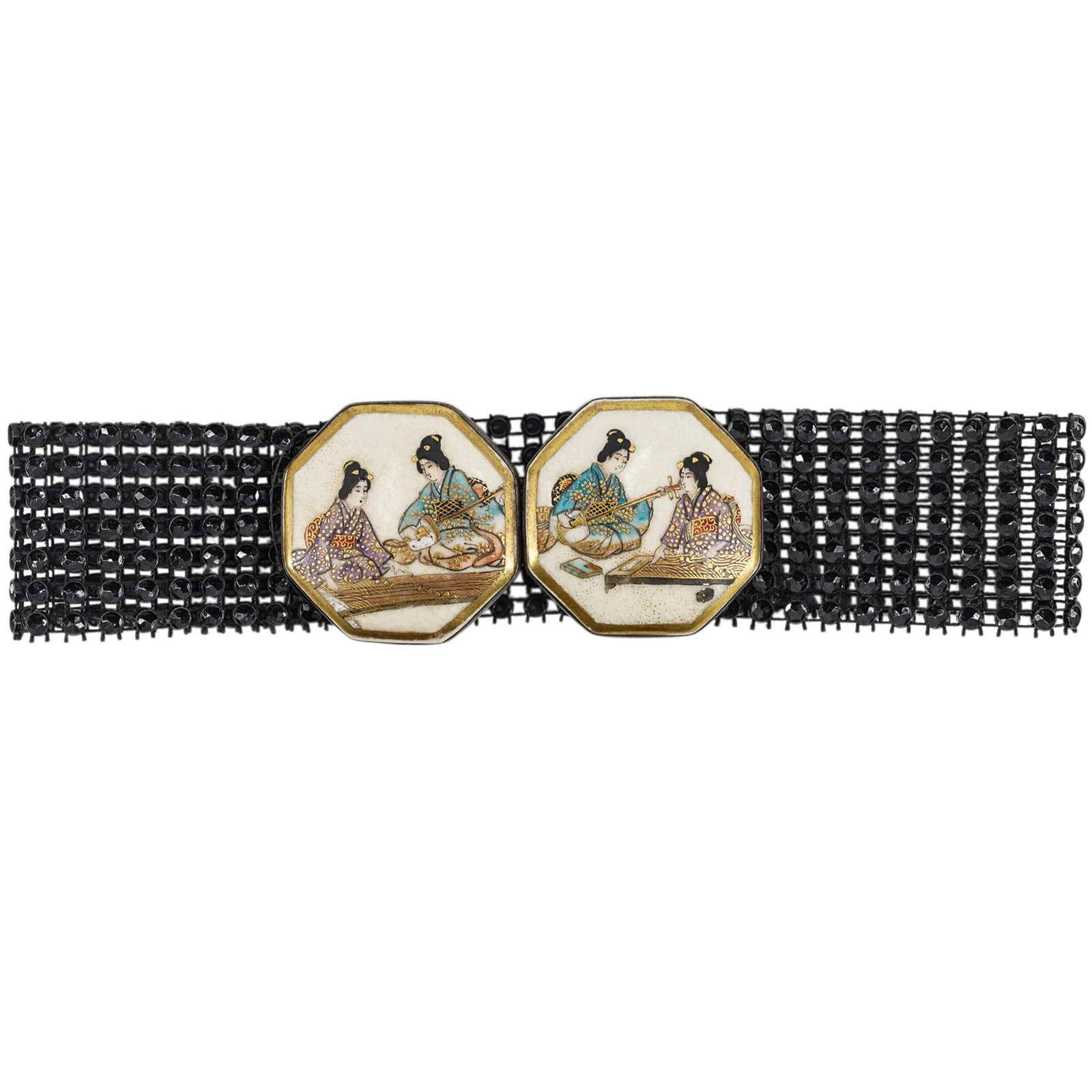 Double Satsuma Porcelain Plaque Choker Necklace: DESCRIPTION: Black choker necklace with a pair of Satsuma porcelain plaque clasps depicting women playing instruments, gilt throughout and band around edge. CIRCA: 20th Century ORIGIN: Japan DIMENSION