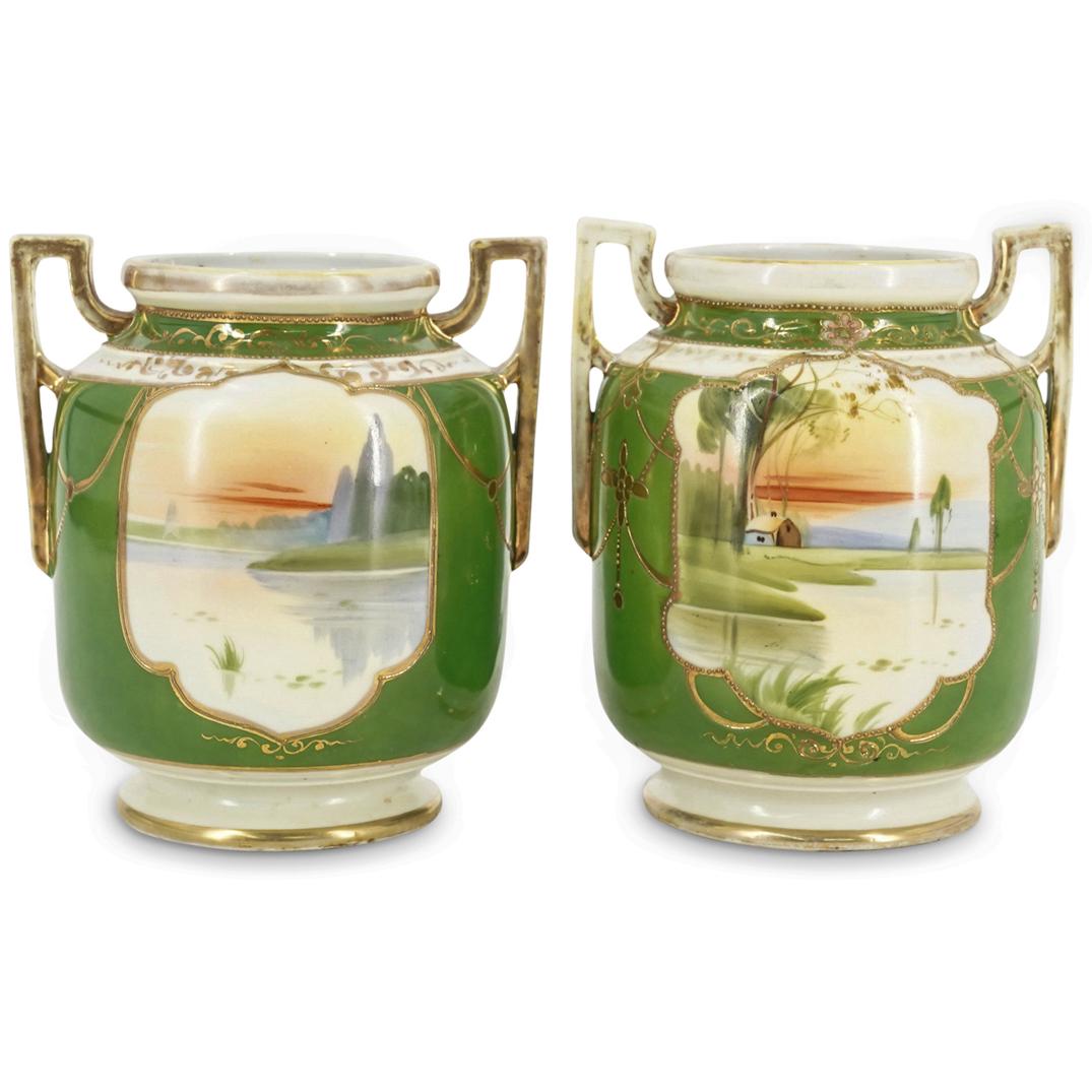 (2Pc) Pair of Enameled Nippon Porcelain Double Handled Vases (1 of 7)