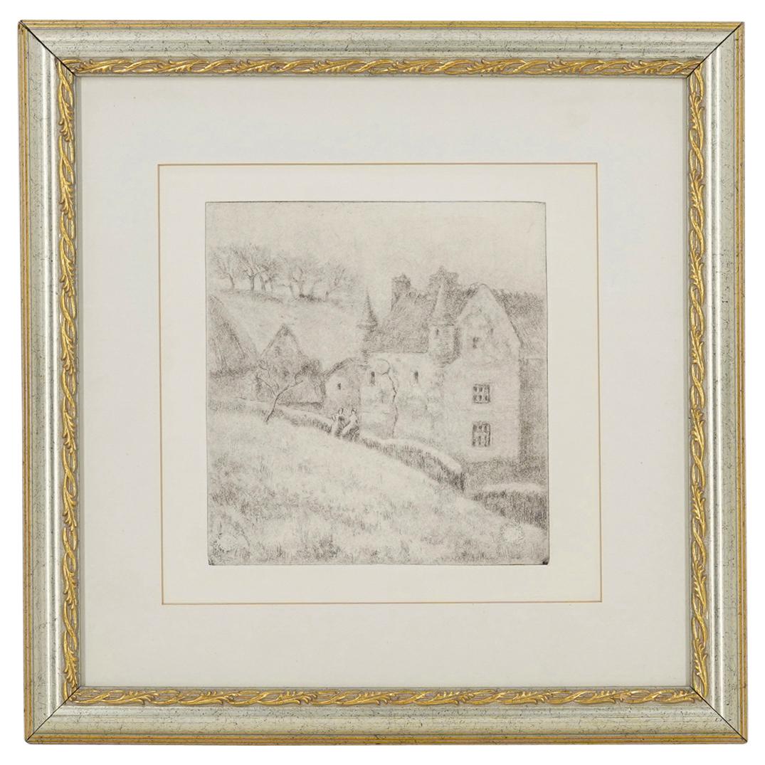 Camille Pissarro (1830-1903) "La Ferme a Noel" Etching on Paper: DESCRIPTION: Camille Pissarro etching of "La Ferme a Noel"; Depicting a landscape scene of a farm with two women standing in the distance. Embossed watermark at lower right with a rabbit. Mounted in d