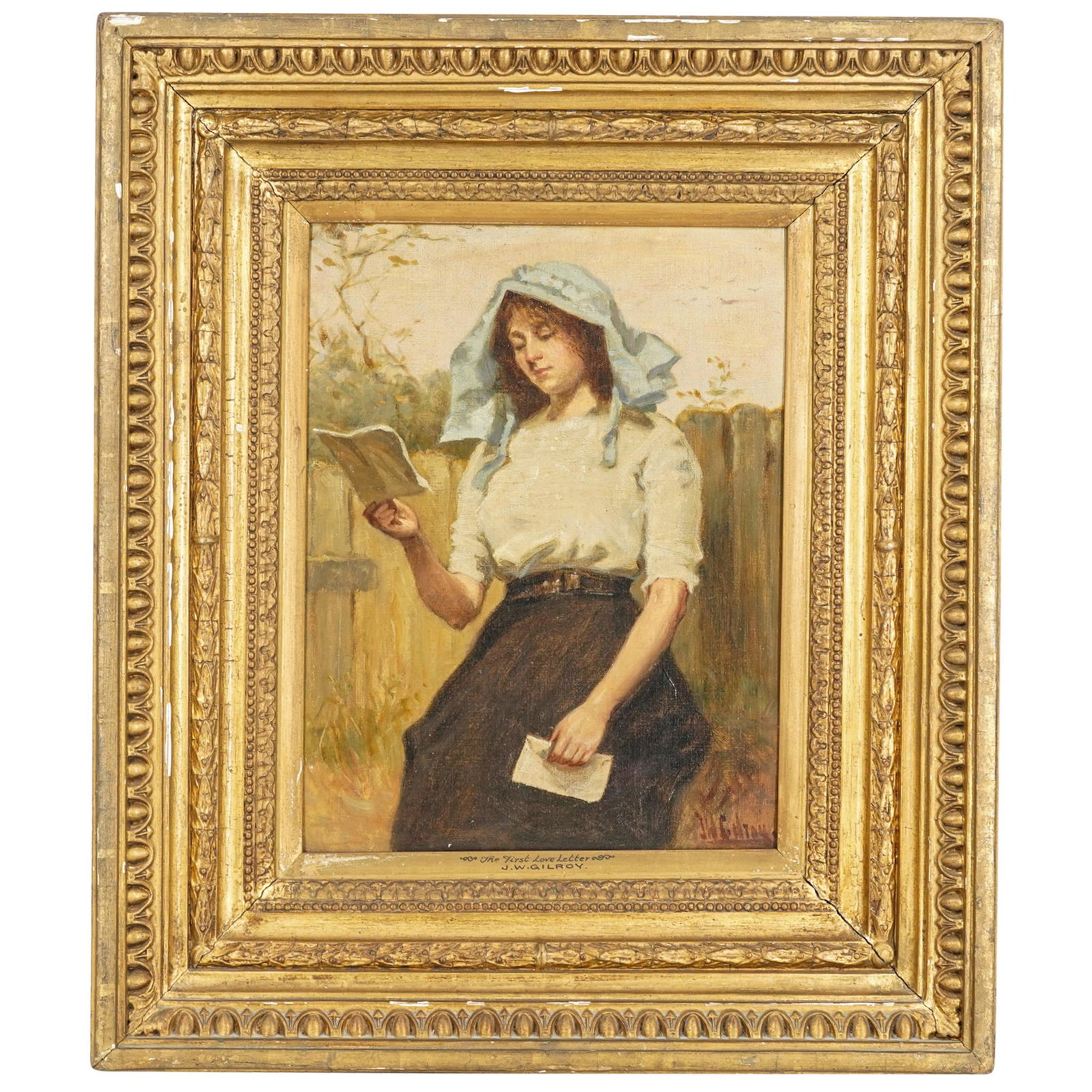 J.W. Gilroy (1868-1944) "The First Love Letter" Oil On Board: DESCRIPTION: John William Gilroy oil on board painting entitled "The First Love Letter" depicting a maiden holding a letter in her right hand and an envelope in her left. Label from "Winsor & Newton L
