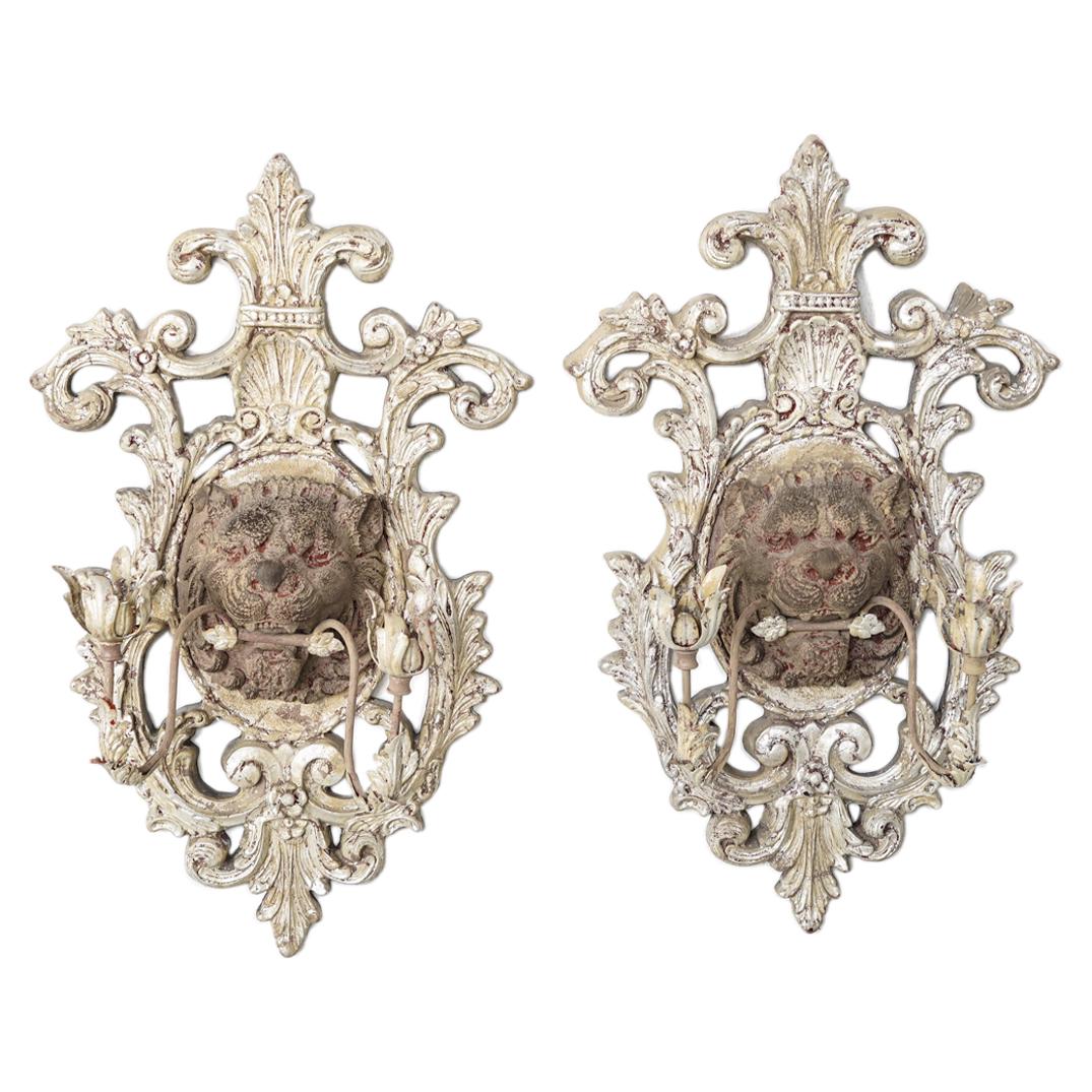 (2Pc) Pair of Antique Italian Carved Wood & Metal Lion Sconces (1 of 7)