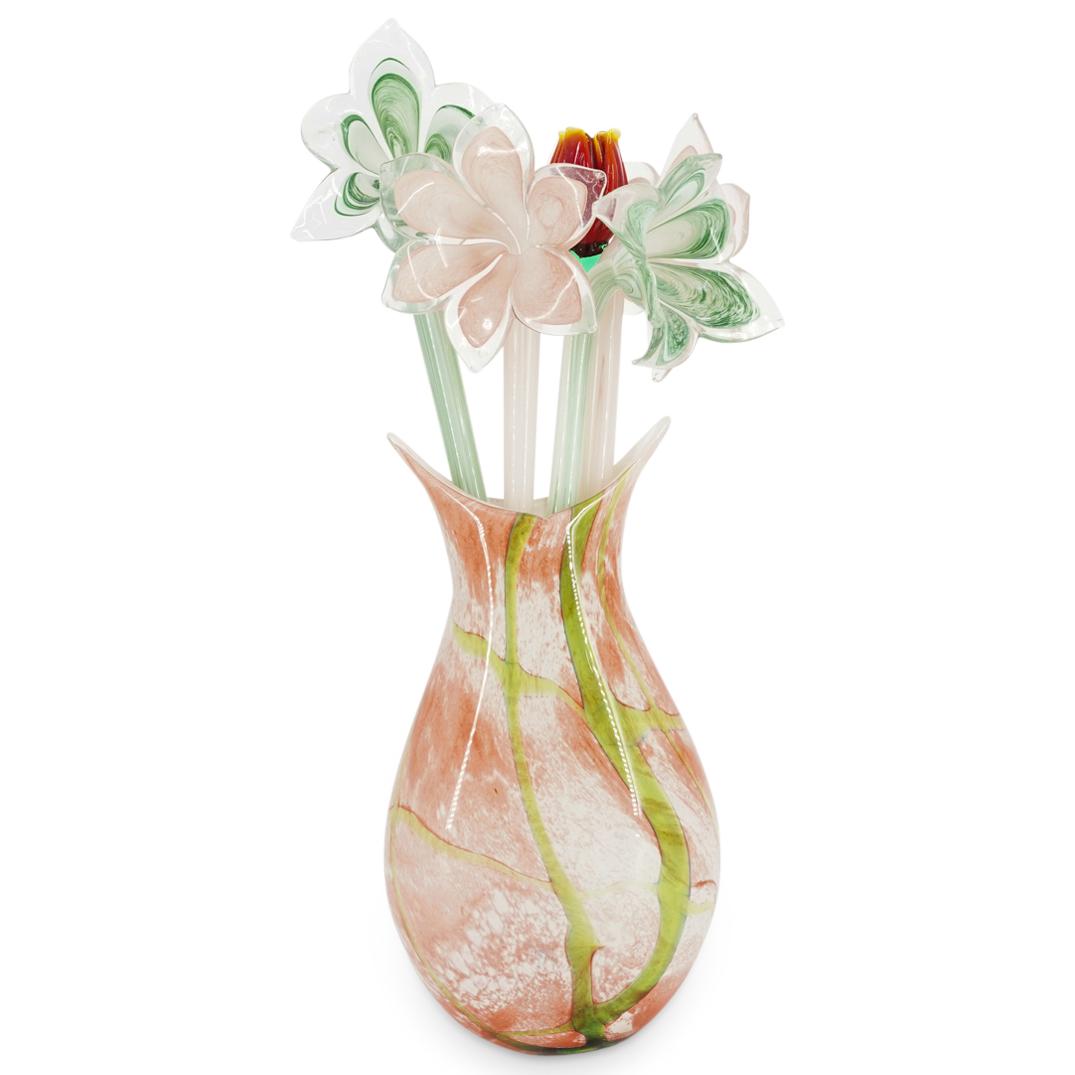 (6Pc) Murano Glass Flowers & Sunburst Pink Vase (1 of 4)