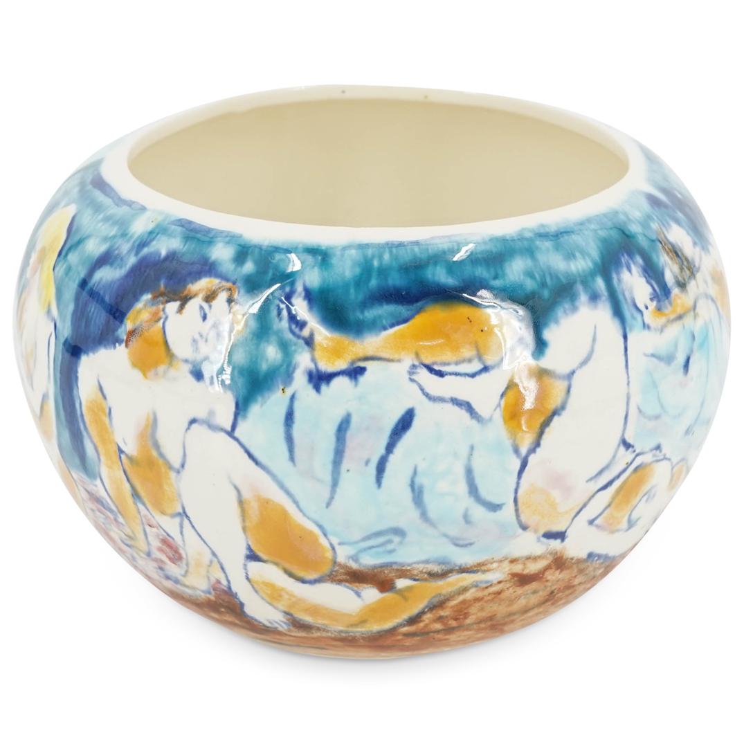 Signed Francis McCarthy Nude Pottery Bowl: DESCRIPTION: Francis McCarthy pottery bowl featuring an image on its side of several seated and reclining nudes. Piece is signed by artist and dated "'83". CIRCA: 20th Century ORIGIN: USA DIMENSIONS: 