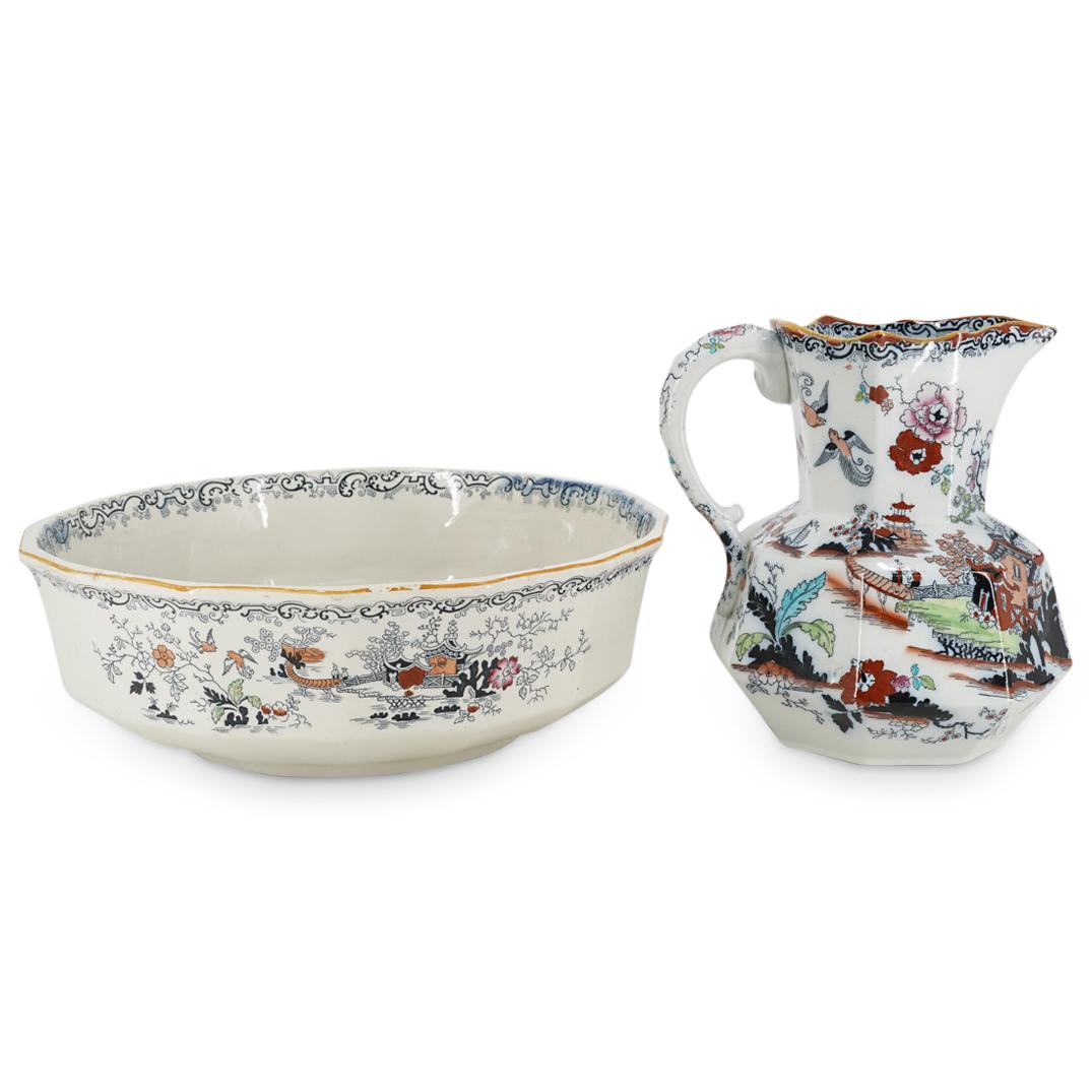 Mason's Ironstone Wash Basin With Pitcher: DESCRIPTION: Mason's ironstone wash basin with matching pitcher, each decorated with scenes of waterside buildings populated by boats, birds, and human figures. Each piece is embellished with floral m