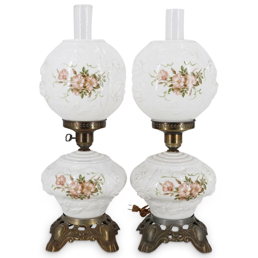 (2 Pc) Vintage Victorian Milk Glass Electrical Hurricane Lamps (1 of 7)