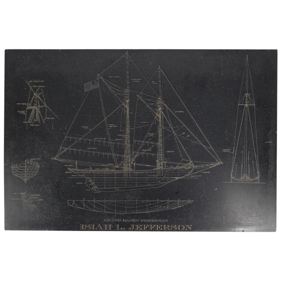 Isiah L. Jefferson Grand Banks Fisherman Diagram Tablet: DESCRIPTION: Nautical diagram etched on slate table top by Isiah L. Jefferson of a ship and its sections. Labeled "GRAND BANKS FISHERMAN ISIAH L. JEFFERSON" below ship image. CIRCA: Early 20th Century