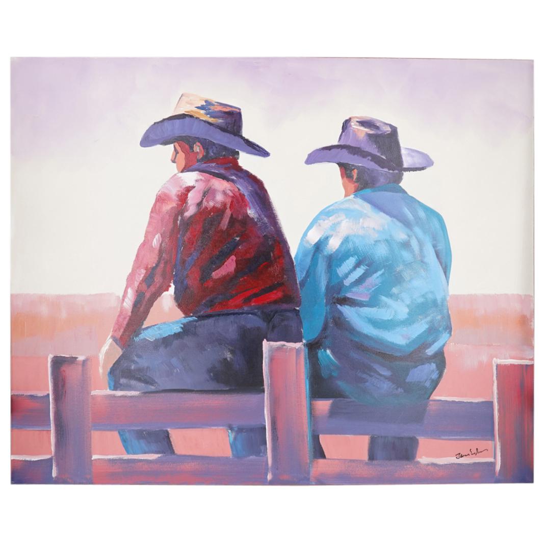 Brokeback Mountain Cowboy Oil Painting on Canvas: DESCRIPTION: Oil painting on canvas of two cowboys sitting on a fence at dusk, done with colorful details. Signed lower right. CIRCA: 20th Century ORIGIN: USA DIMENSIONS: H: 40" X W: 50" CONDITION: Gr