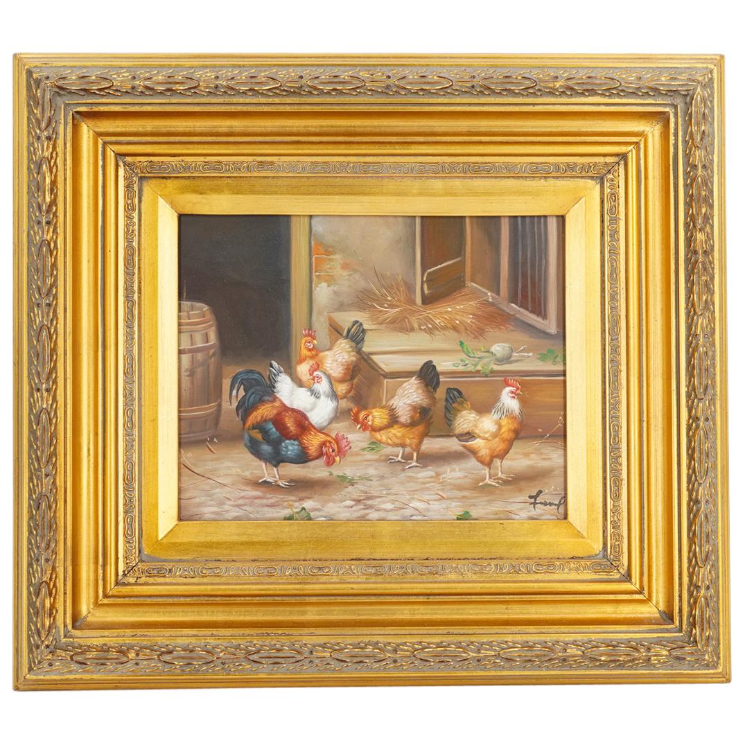 Chickens Signed Oil Painting on Canvas (1 of 4)
