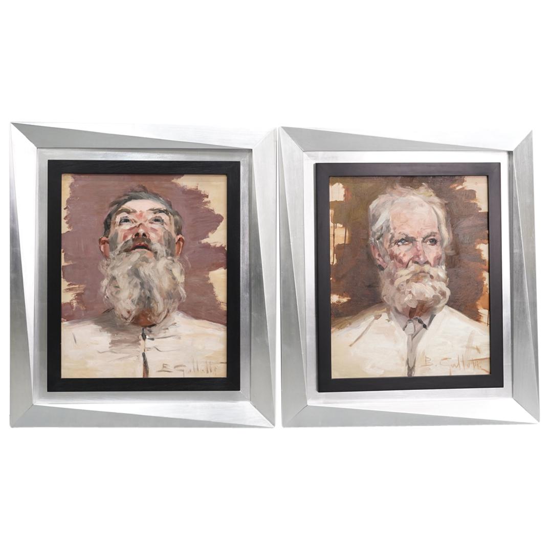 (2 Pc) Signed Portrait Painting On Board (1 of 8)