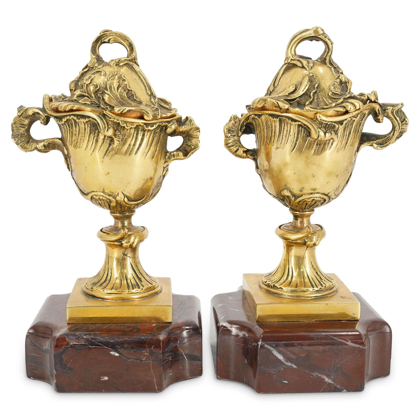 (2 Pc) French Gilt Bronze & Rouge Marble Potpourri Covered Vases (1 of 5)