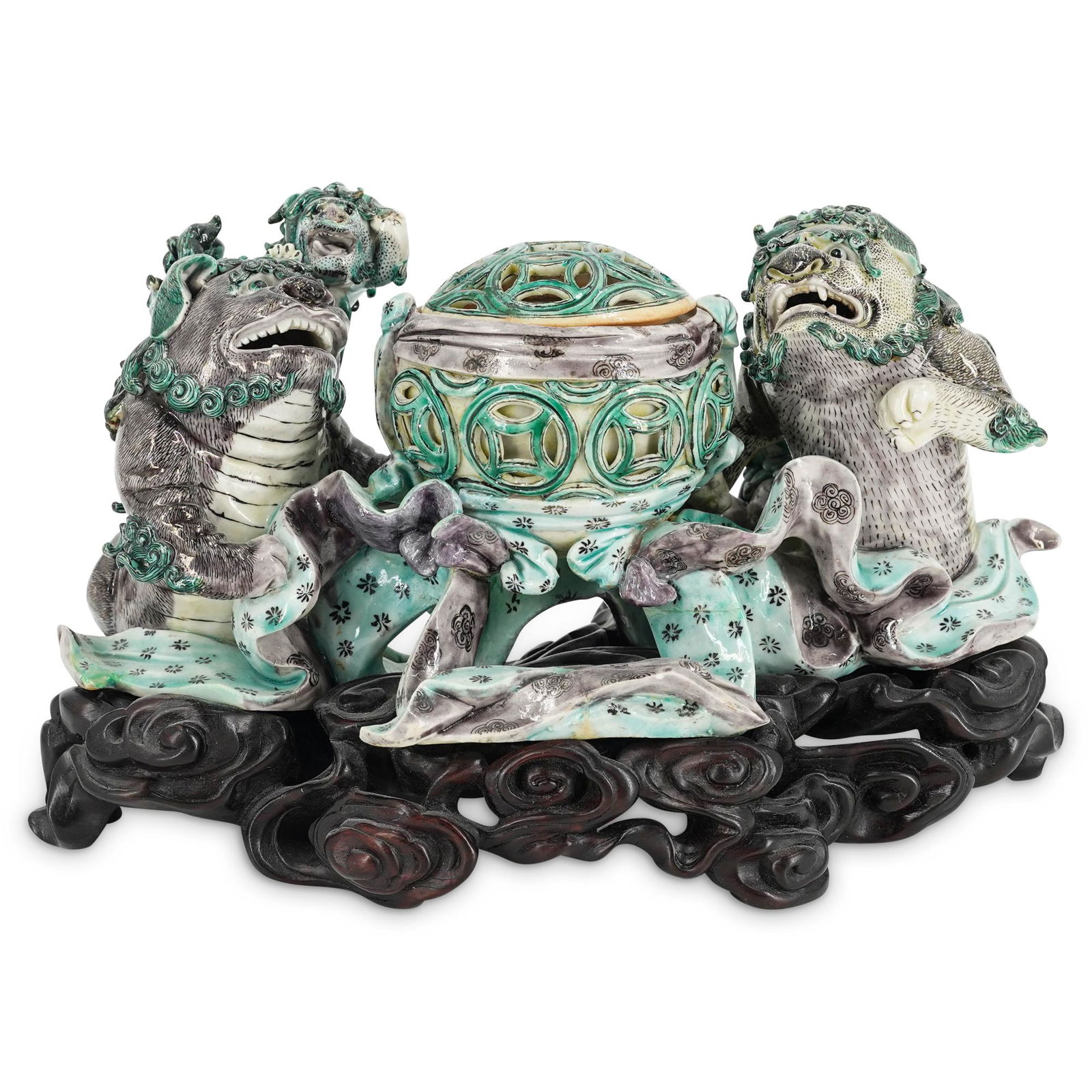 Chinese Famille Verte Buddhist Lions On Stand With Seal (1 of 11)