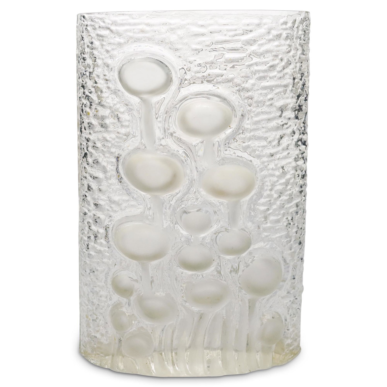 Iittala Oiva Toikka Jellyfish Glass Vase: DESCRIPTION: A Mid-Century Op Art Iittala Oiva Toikka bubble Jellyfish Relief Glass Vase in clear and frosted glass, and designed with an oval shape. CIRCA: Mid 20th Century ORIGIN: Finland. DIMENSION