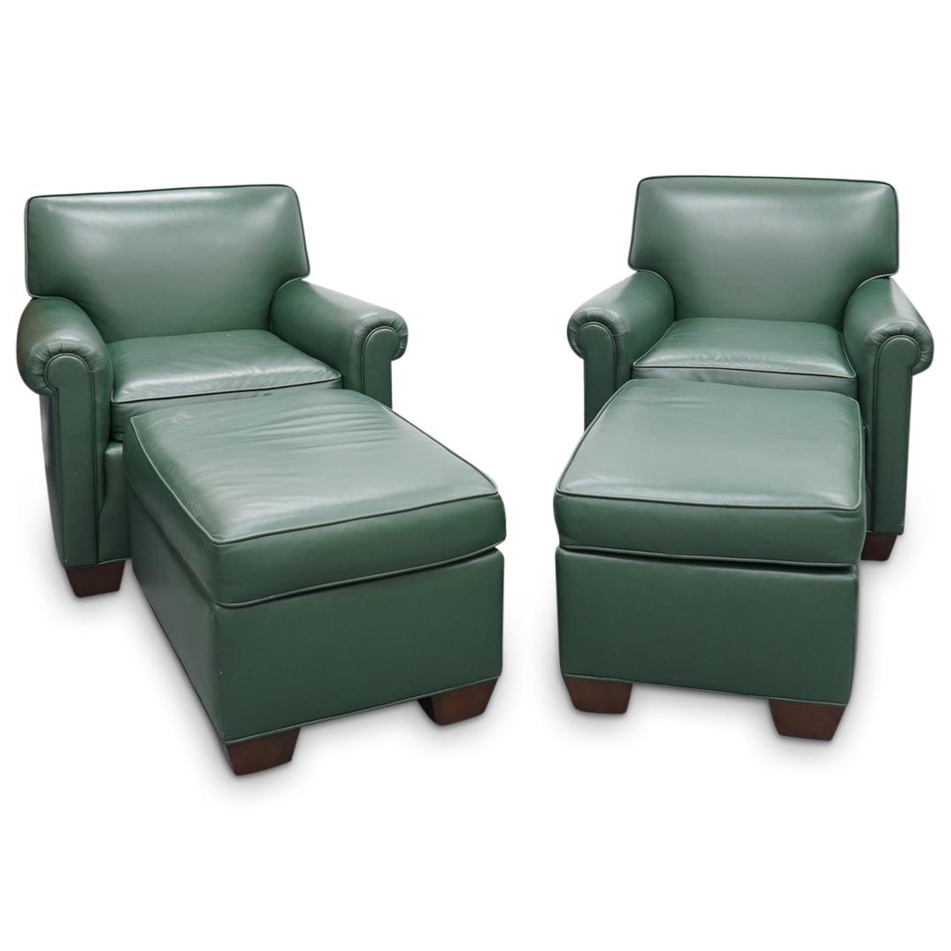 Pair of Contemporary Green Leather Armchairs & Ottomans (1 of 9)