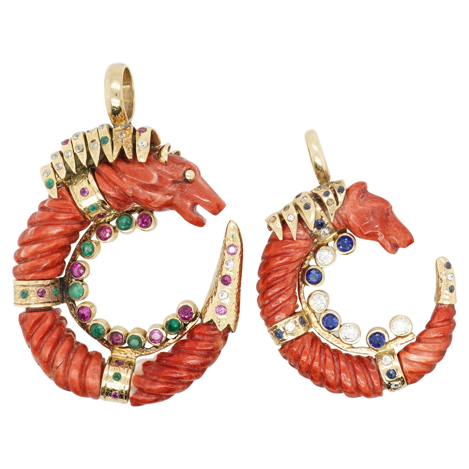 18k Gold and Precious Stone Figural His & Hers Pendants: DESCRIPTION: A his and hers pendant features a delicately carved hard stone in the form of a mystic dragon, fitted with 18k yellow gold bale and fittings inset with a series of Sapphires, Emeralds and