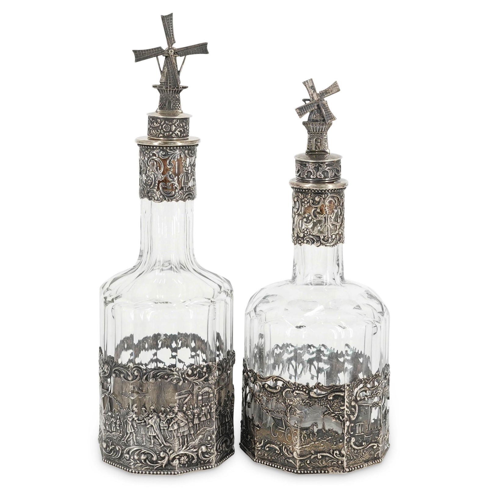 (2 Pc) German Repousse Silver Mounted Glass Decanters (1 of 9)