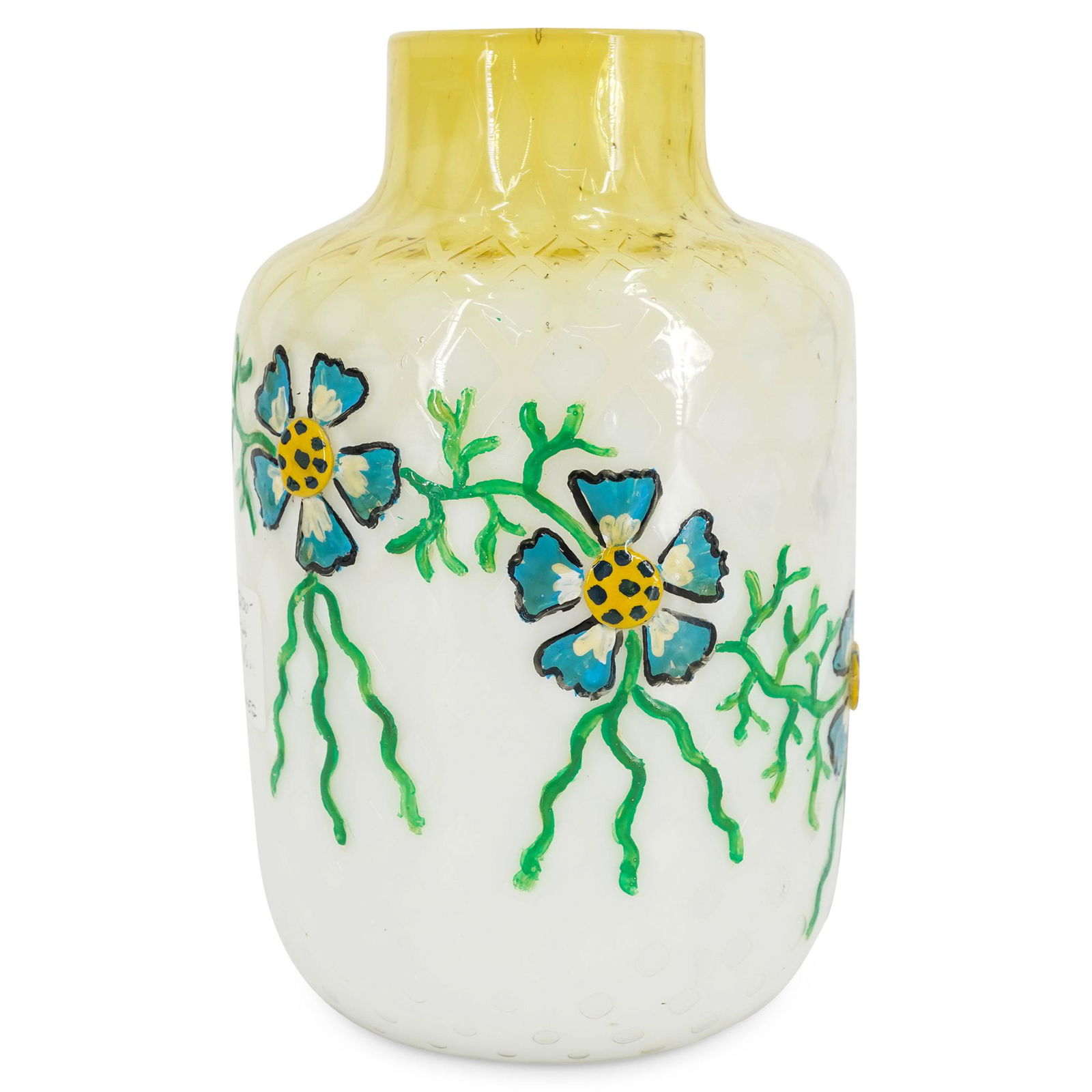 Thomas Webb Glass Vase: DESCRIPTION: Signed Thomas Webb art glass vase, featuring three painted flowers and foliage motifs over a lattice pattern yellow and white background. Signed "WEBB" on underside. CIRCA: 20th Century O