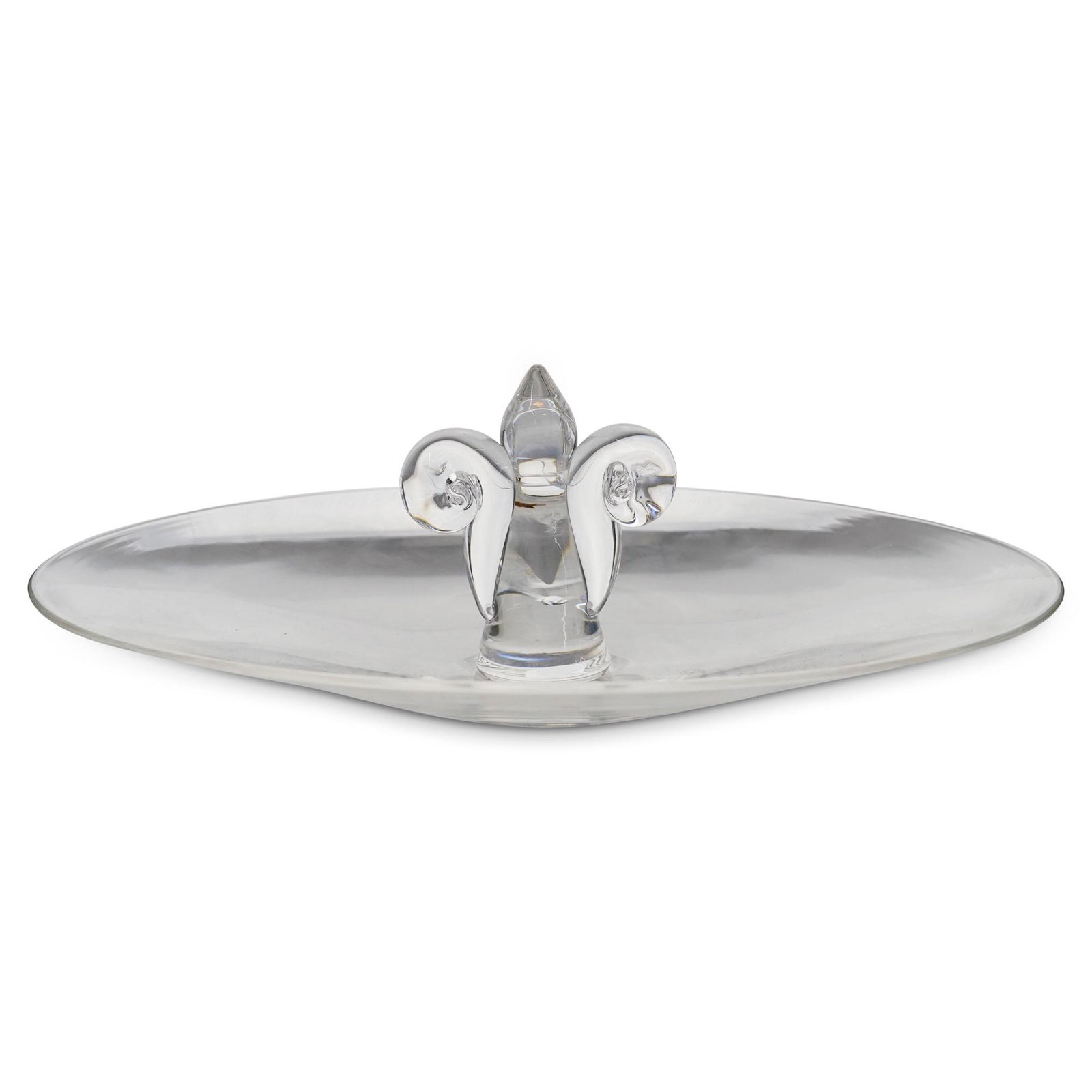 Steuben Glass Platter: DESCRIPTION: Steuben glass platter with round form and center protruding curled handle. Incised: "Steuben" Dust bag included. CIRCA: 20th Cent. ORIGIN: USA DIMENSIONS: H: 4" x D: 13" CONDITION: Great