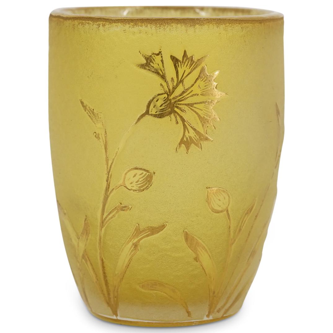 Daum Nancy Cameo Shot Liqueur Glass: DESCRIPTION: Daum Nancy yellow cameo shot glass decorated with flowers accented in gold and gilt at the rim. Signed "Daum Nancy" with the Cross of Lorraine lower at the side. CIRCA: Early 20th Century