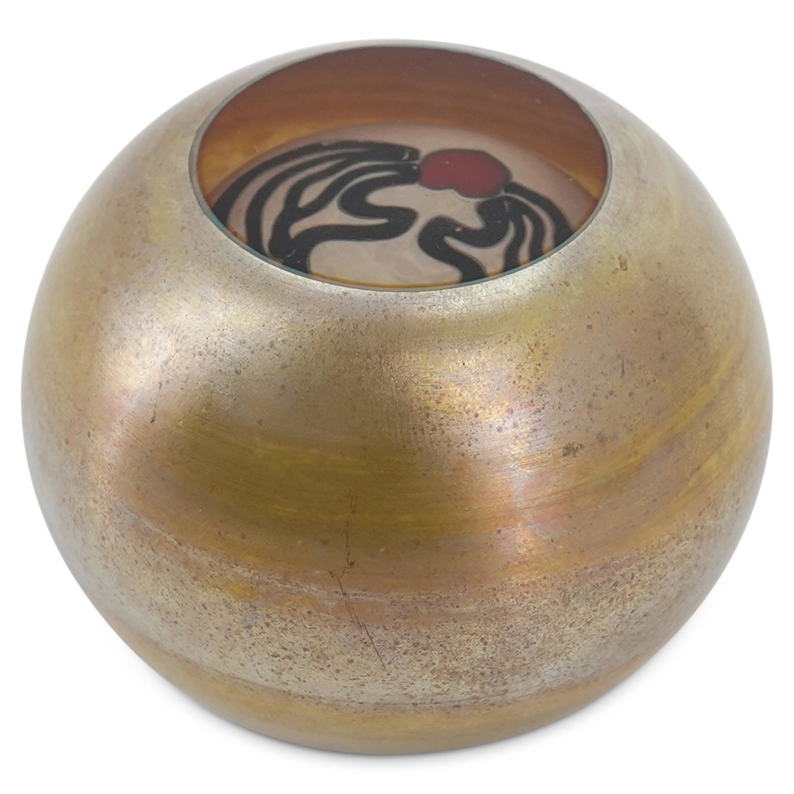 Joyce Roessler Athena Art Glass Paperweight: DESCRIPTION: Signed Joyce Roessler glass paperweight featuring an image inside of two hands around a heart viewable through a clear window on top. Decorated on side with gold and silver toned accents.