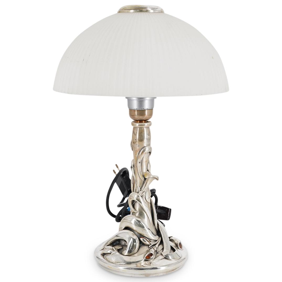Vintage Italian Ottaviani Silver Clad Lamp: DESCRIPTION: Vintage Ottaviani silver clad lamp consisting of flowers in relief around the base and neck with amber toned enamel inset some of the buds as well as a white toned circular ribbed shade. 