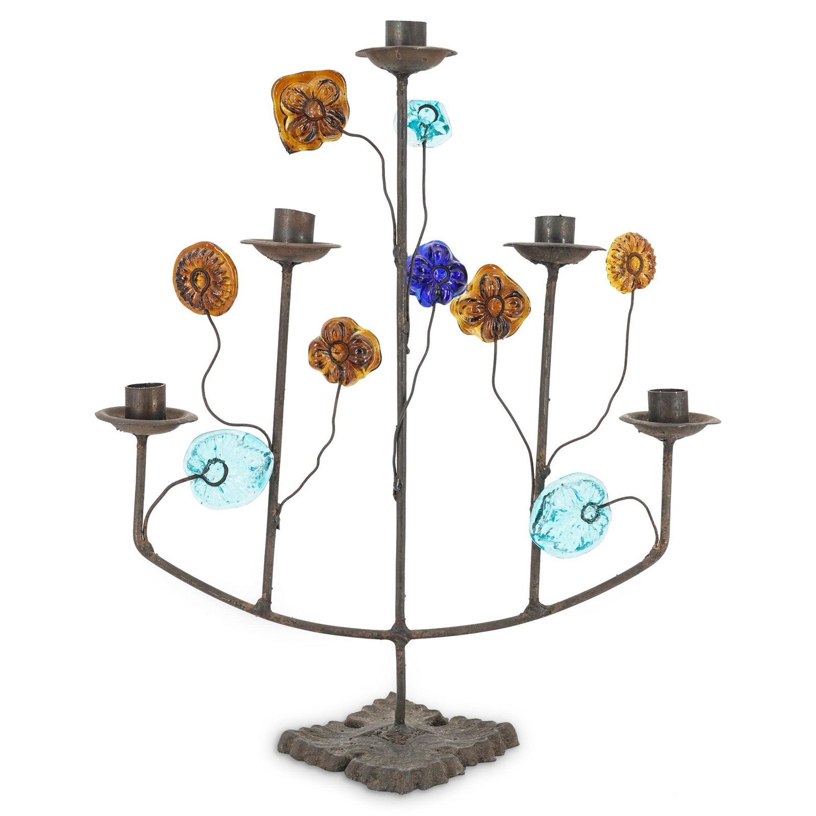 Antique Italian Wrought Iron & Molded Glass Candelabra: DESCRIPTION: Antique Italian wrought iron five armed candelabra with polychrome molded glass flower form beads coming off the arms. CIRCA: Early 20th Century ORIGIN: Italy DIMENSIONS: H: 18.25" X W: 1