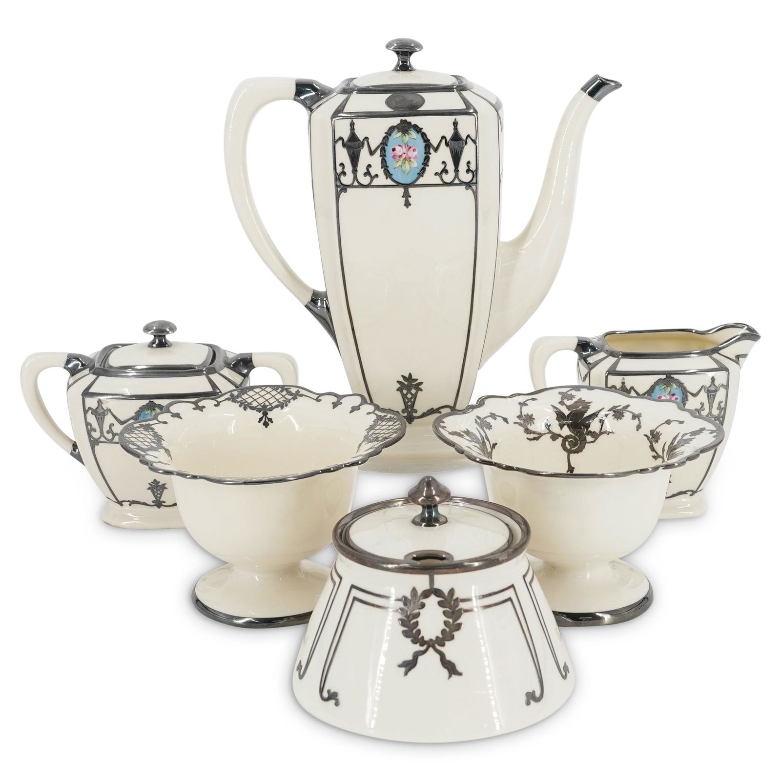 (6 Pc) Belleek Lenox Silver Overlay Tea Set (1 of 10)