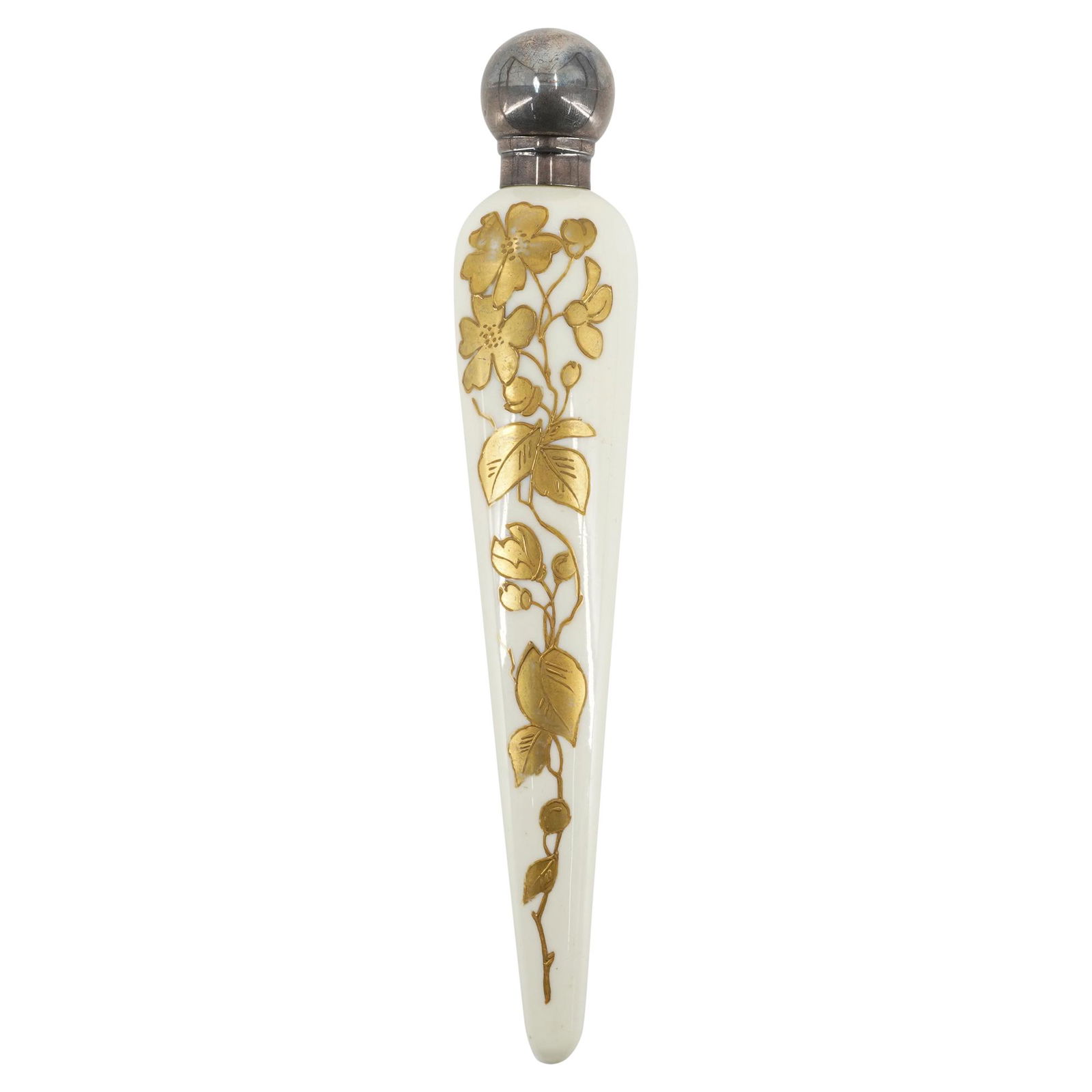 Thomas Webb Lay Down Perfume Bottle w/ Gilt Decoration: DESCRIPTION: Thomas Webb Lay Down Perfume Bottle featuring a sterling silver cap, a glass stopper, and a gilt floral and foliage design down the body. Hallmarked on cap. CIRCA: Late 19th Century ORIGI