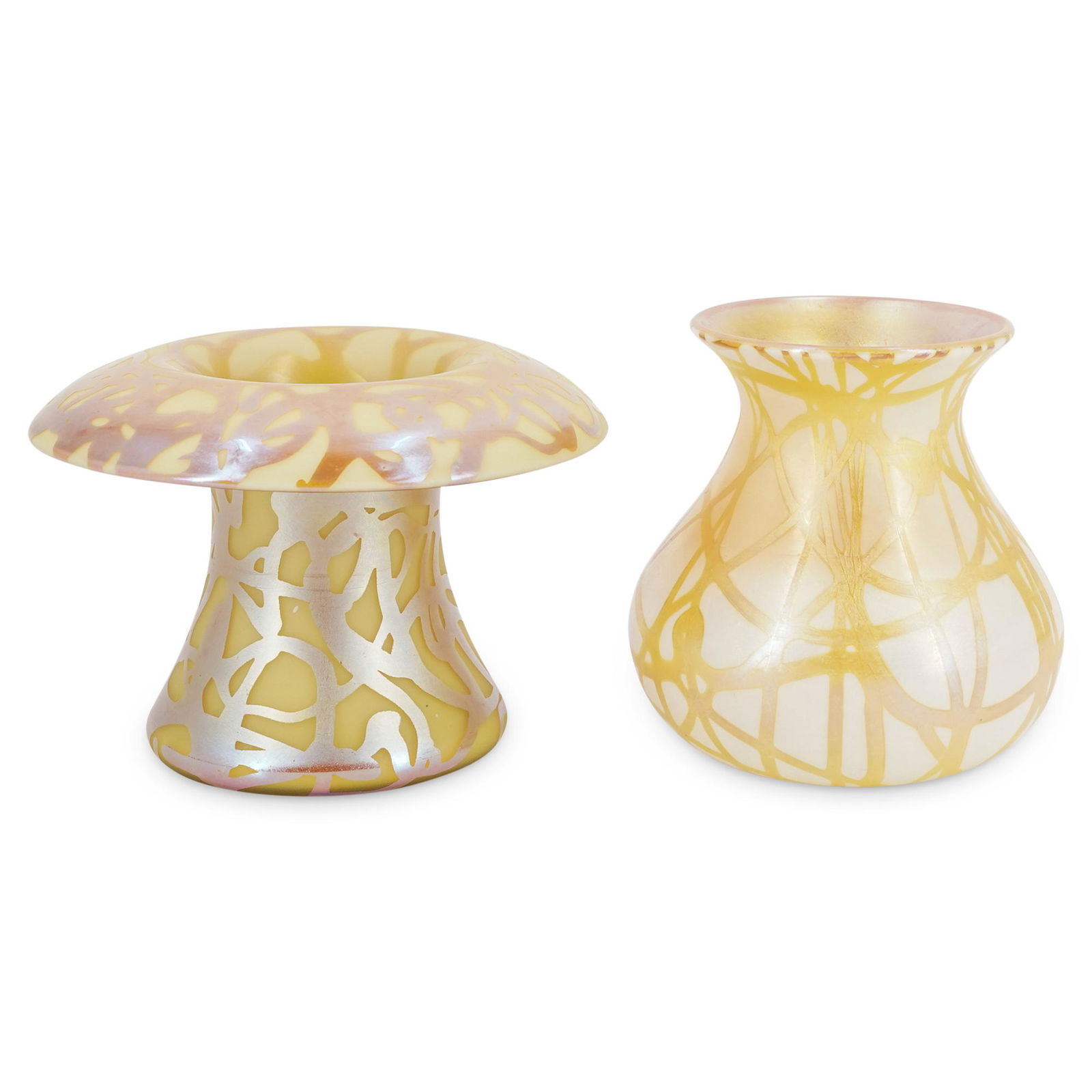Pair Of Iridescent Art Glass Vases: DESCRIPTION: Two yellow, orange, and gold toned art glass vases, each featuring abstract, meandering lines throughout their outside and iridescent accents. One has a widely flared lip and one is bulbo