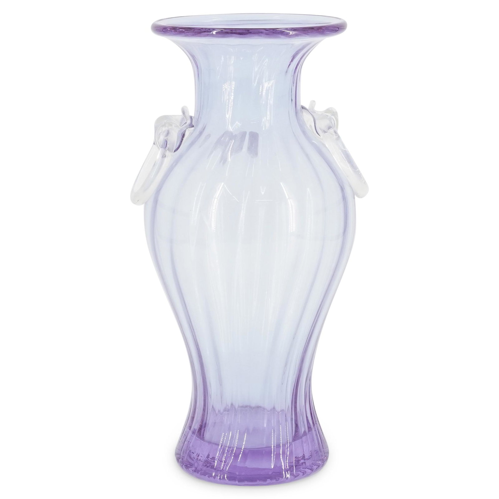 Verrerie D'Alsace Purple Alexandrite Glass Vase: DESCRIPTION: Verrerie d'Alsace glass vase featuring a ribbed, transparent, purple body, flared lip, and a clear and colorless handle on each side held by a curled clear piece of glass. CIRCA: 20th Cen