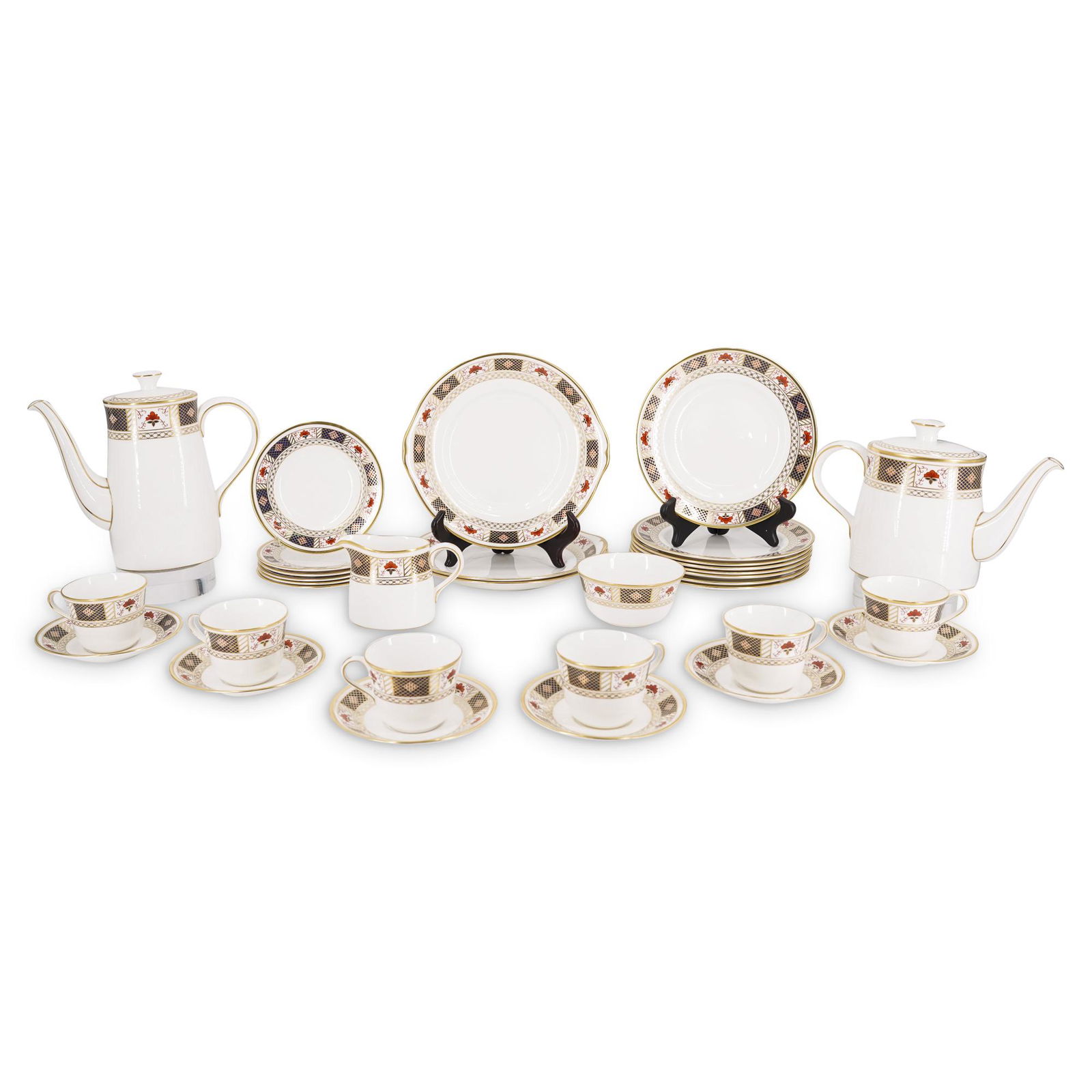 (32Pc) Royal Crown Derby "Derby Border" Pattern Porcelain Set: DESCRIPTION: (32Pc) Royal Crown Derby porcelain service set featuring the "Derby Border" Pattern. Composed of: (5Pc) Cups. (H: 2.75" x D: 4") (1Pc) Tea Pot. (H: 9" x D: 10.25") (1Pc) Coffee Pot. (H: 7