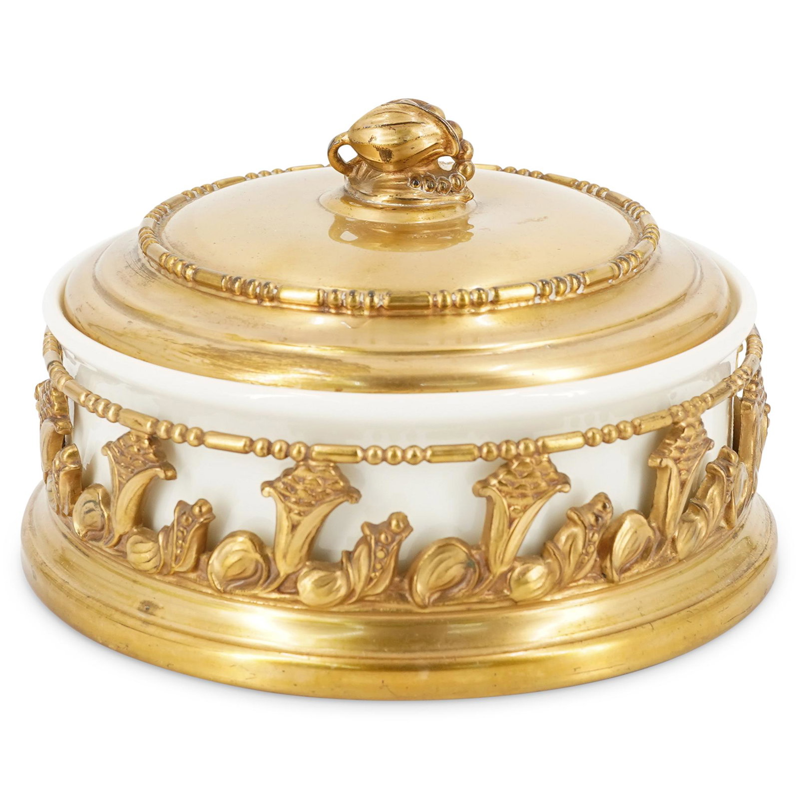 Lenox Porcelain Lidded Circular Bowl: DESCRIPTION: A Lenox porcelain lidded circular bowl with a dore metal frame base with cornucopia decorative motifs, and matching gilt cover lid. Marked with "Lenox Made in USA" hallmarks. CIRCA: 20th 