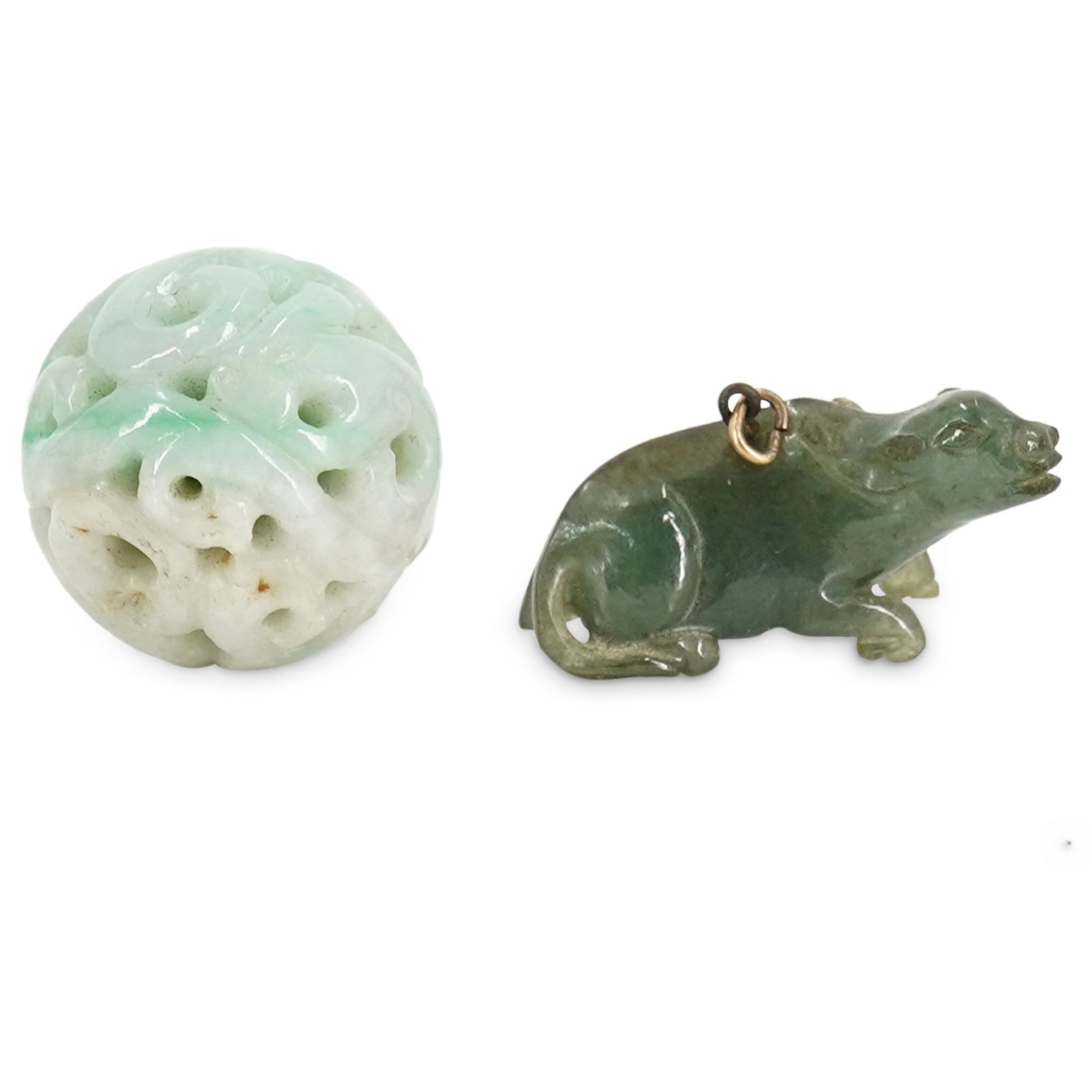 (2Pc) Antique Chinese Carved Jadeite Ox & Dragon Pendants (1 of 4)
