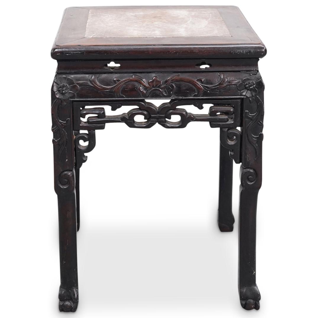 Antique Chinese Carved Wood Stone Pedestal Table (1 of 6)