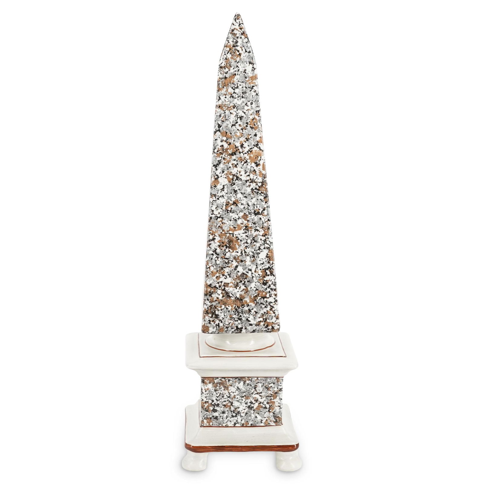 Italian Footed Ceramic Obelisk: DESCRIPTION: Italian ceramic obelisk on four spherical feet with variegated stone tones throughout. Marked at the underside "Made in Italy". CIRCA: 20th Century ORIGIN: Italy DIMENSIONS: H: 21" X W: 5