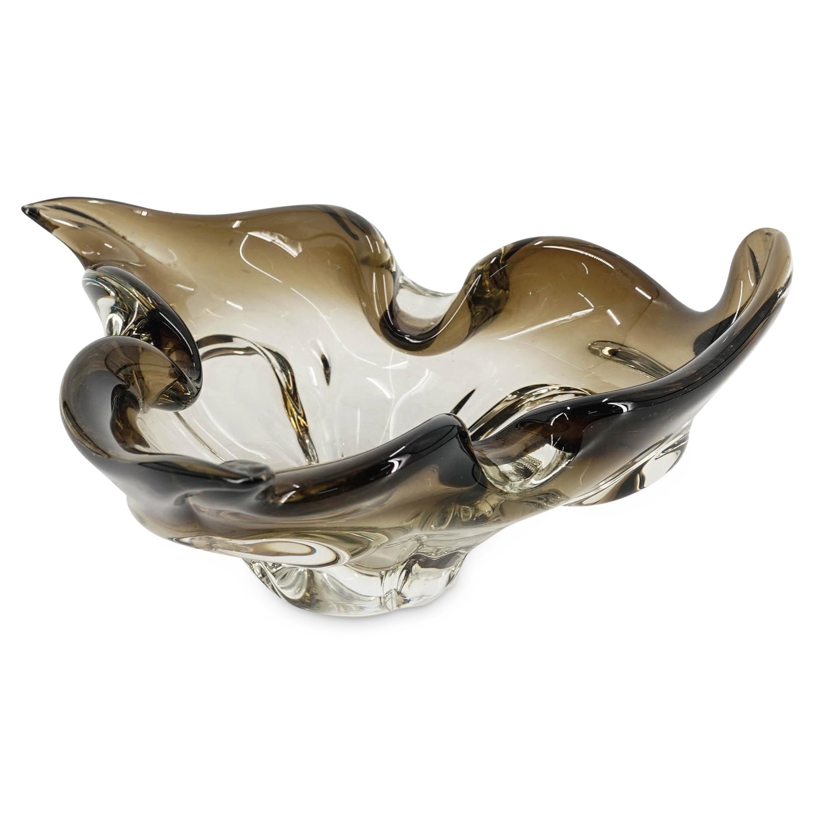 Arte Murano Icet Art Glass Ashtray: DESCRIPTION: An Arte Murano art glass ashtray in ombre smoke to clear colored glass. Marked with sticker label that reads: "Arte Murano ICET. Made in Venezuela". CIRCA: 20th Century ORIGIN: Venezuela.
