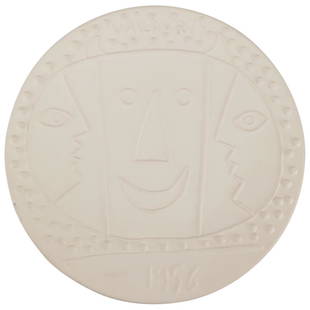 Pablo Picasso Ceramic Charger 'Vallauris 1956': DESCRIPTION:Pablo Picasso, Spain (1881-1973) Ceramic charger 'Vallauris 1956' of white earthenware clay. Impressed on back #89/100, Empriente Originale de Picasso, Madoura Plein Feu CIRCA: 1956