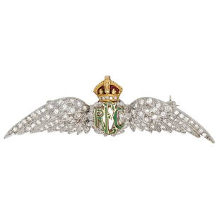 Platinum, Diamond, & Enamel Royal Sweetheart Military Brooch: DESCRIPTION: REC Sweetheart military brooch composed of platinum and 18k gold with inset diamonds and enameling, completed by a retractable bail, pinstem, and catch on the reverse. Stamped: