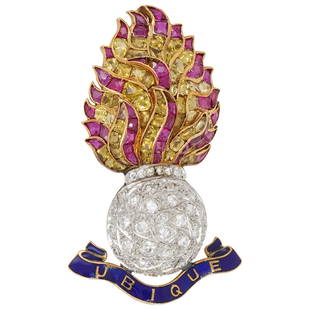 Platinum, Diamond, & Enamel, Royal Engineers Military Sweetheart Brooch: DESCRIPTION: Ubique Royal Engineers sweetheart military brooch composed of platinum and 18k gold with inset diamonds and enameling, completed by a retractable bail, pinstem, and catch on the reverse.