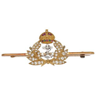 Gold, Diamond, & Enamel, Royal Navy Sweetheart Brooch: DESCRIPTION: Royal Navy sweetheart military brooch composed of 18k gold with inset diamonds and enameling, completed by a retractable bail, pinstem, and catch on the reverse. CIRCA: Early 20th Cent.