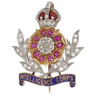 Gold, Diamond, & Enamel, Intelligence Corps Sweetheart Brooch: DESCRIPTION: Intelligence Corps sweetheart military brooch composed of 18k gold with inset diamonds and enameling, completed by a retractable bail, pinstem, and catch on the reverse. Etched numbering