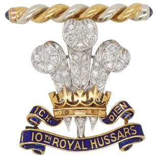 Royal Hussars Platinum, Diamond, & Enamel Sweetheart Brooch: DESCRIPTION: 10th Royal Hussars Ich Dien sweetheart military brooch composed of platinum and 18k gold with inset diamonds and enameling, completed by a retractable bail, pinstem, and catch on the reve