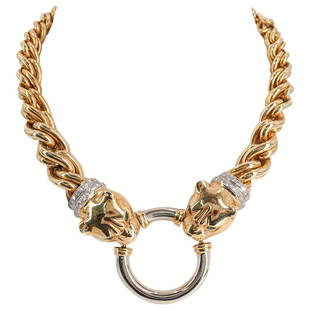 Bvlgari Style 14k Gold Panthere Necklace: DESCRIPTION: Gold Bvlgari Style Panthere necklace features graduating interlocked chain necklace finished on either end with terminating Panther heads, each decorated with Diamond inset collars amount