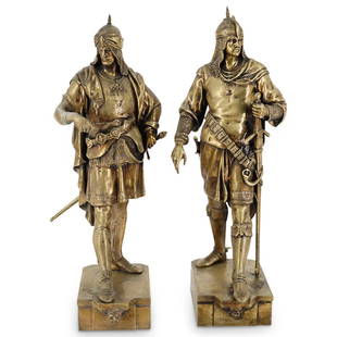 Antique Emile Louis Picault Gilt Bronze Soldiers: DESCRIPTION: Two gilt bronze sculptures by Emile Louis Picault, each depicting an armed and armored oriental soldier on a platform. One wears a jeweled turban and has his right foot forward, one has