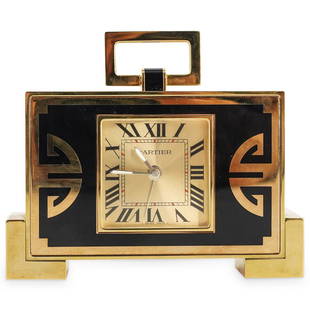 Limited Edition Cartier Chinoiserie Desk Clock: DESCRIPTION: A Limited Edition Cartier China Inspiration desk clock. This is a collector's desk clock in gold metal with black decorative accents and Chinese inspiration motifs. With "Swiss Made"