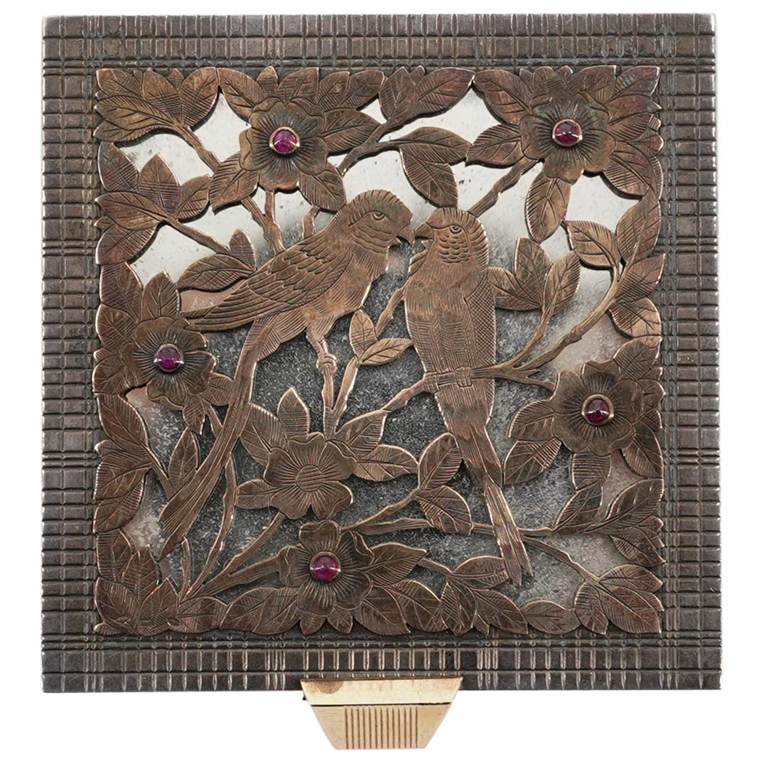 Antique Boucheron Sterling 18k Gold & Rubies Filigree Compact Case (1 of 6)