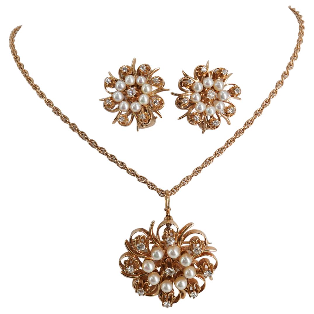 (3 Pc) Antique 14k Gold, Diamond and Pearl Jewelry Suite (1 of 8)