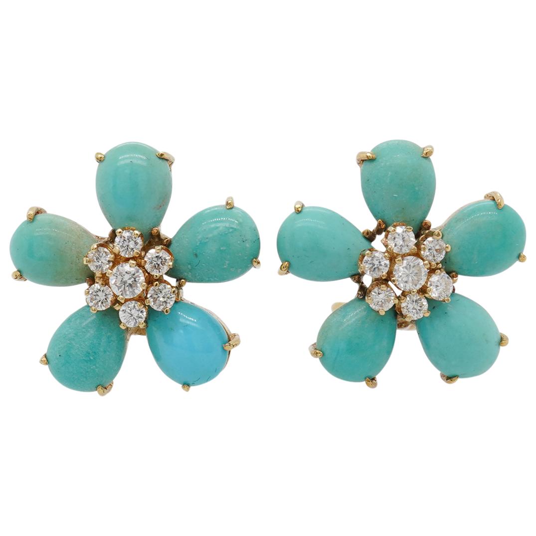 18k Gold Van Cleef Style Diamond and Turquoise Floral Earrings (1 of 4)
